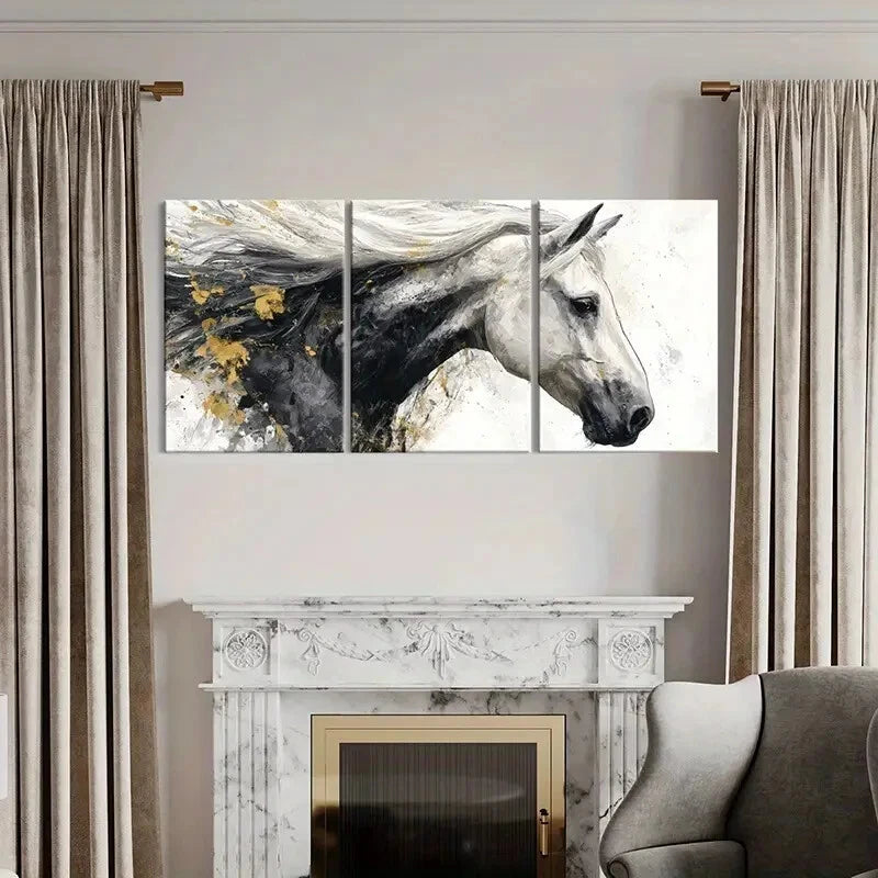 3pcs Abstract Horse Art White Mane Black Body Metal Print Ready to Hang Art