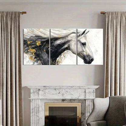 3pcs Abstract Horse Art White Mane Black Body Metal Print Ready to Hang Art
