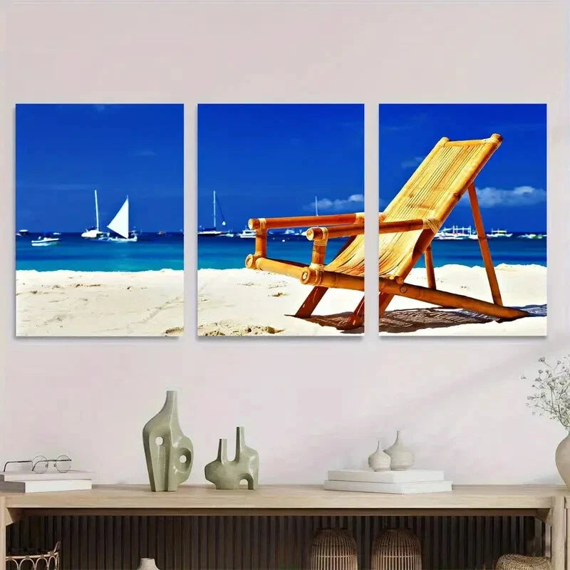 3pcs Beach Scene Lounge Chair & Sailboats Metal Print Ready to Hang Art