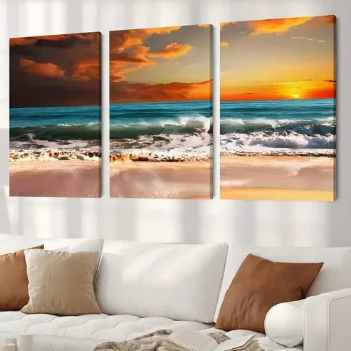 3pcs Sunset Ocean Wave Beach Canvas Framed 60x90cm - High Quality Print 100% Australian Made Wall Canvas Ready to Hang