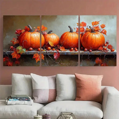 3pcs Fall Autumn Still Life with Pumpkins & Leaves Metal Print Ready to Hang Art