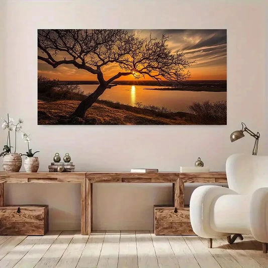 Modern Sunset Serene River wall canvas office home room framed 120x60cm