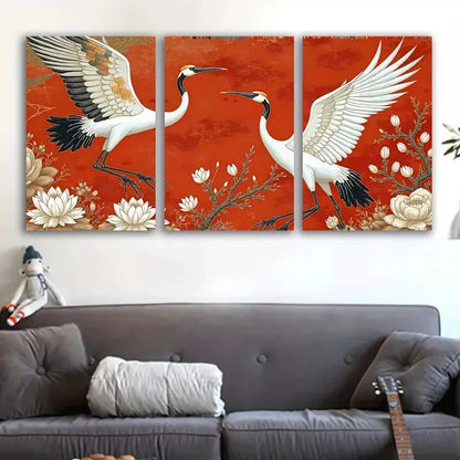 3pcs Crane Flight & Floral Design Metal Print Ready to Hang Art
