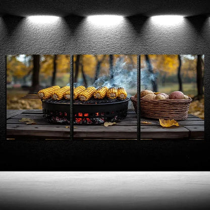 3pcs Outdoor Barbecue with Corn and Potato Metal Print Ready to Hang Art