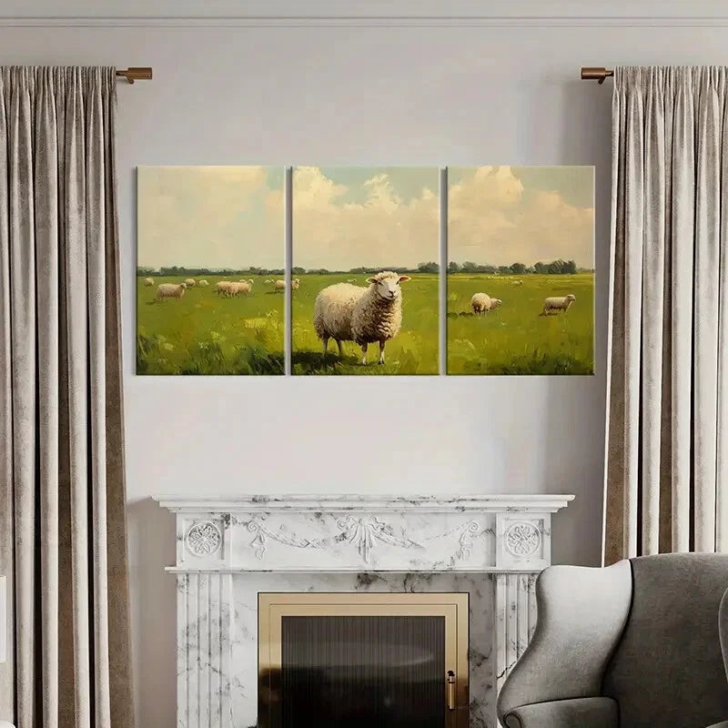 3pcs Rustic Pastoral Scene Sheep Grazing Metal Print Ready to Hang Art