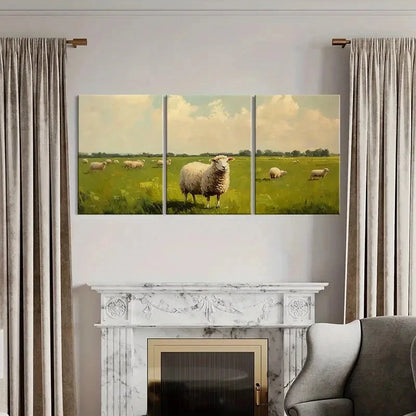3pcs Rustic Pastoral Scene Sheep Grazing Metal Print Ready to Hang Art