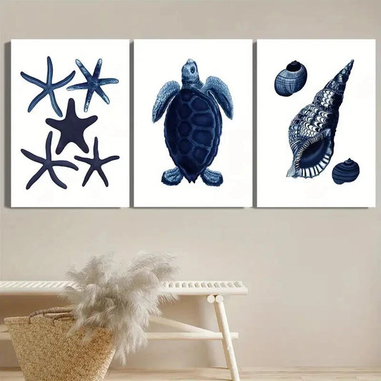 3pcs Marine Life Starfish Turtles Conchs Metal Print Ready to Hang Art