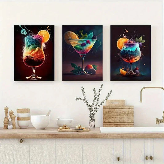 3pcs Tropical Cocktail Art Painting Metal Print Ready to Hang Art