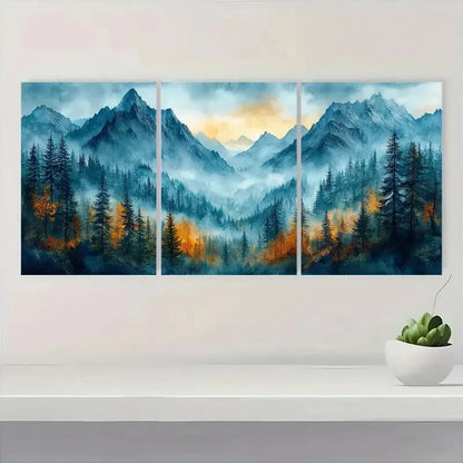 3pcs Mountain Forest Misty Pine Tree Landscape Metal Print Ready to Hang Art