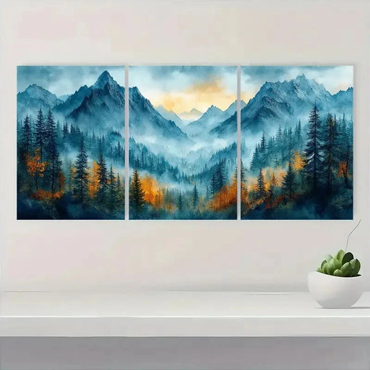 3pcs Mountain Forest Misty Pine Tree Landscape Metal Print Ready to Hang Art