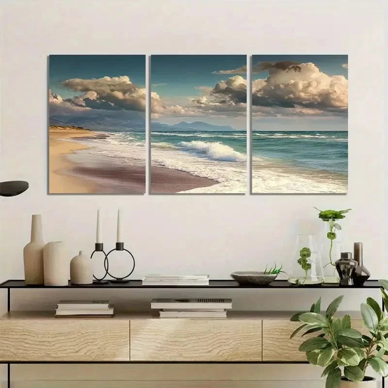 3pcs Beach with Waves and Sand Under a Beautiful Metal Print Ready to Hang Art