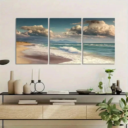 3pcs Beach with Waves and Sand Under a Beautiful Metal Print Ready to Hang Art