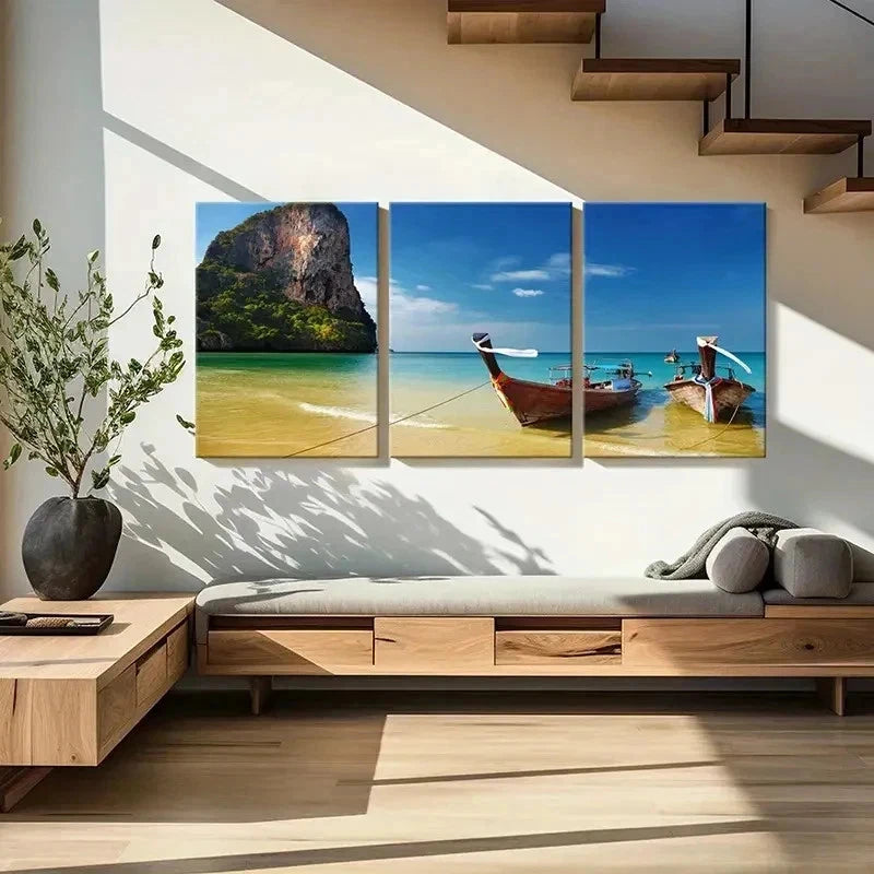 3pcs Natural Seaside Beach Island Boat Wall Art Set Canvas Framed 40x60cm - High Quality Print 100% Australian Made Wall Canvas Ready to Hang