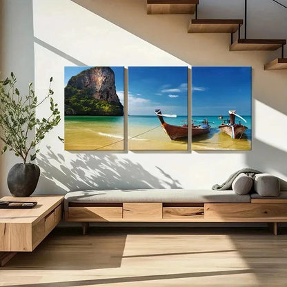 3pcs Natural Seaside Beach Island Boat Wall Art Set Canvas Framed 40x60cm - High Quality Print 100% Australian Made Wall Canvas Ready to Hang
