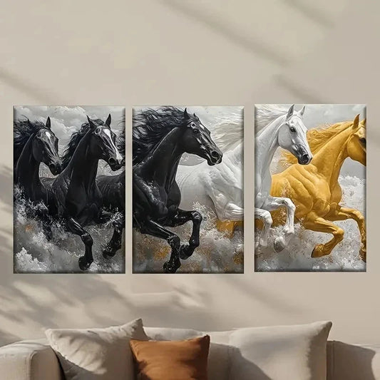 3pcs Four Horses Galloping Through Water Wall Art Set Canvas Framed 40x60cm - High Quality Print 100% Australian Made Wall Canvas Ready to Hang