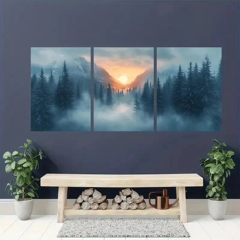 3pcs Misty Forest and Silhouette Trees Landscape Metal Print Ready to Hang Art