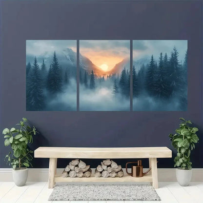 3pcs Misty Forest and Silhouette Trees Landscape Metal Print Ready to Hang Art