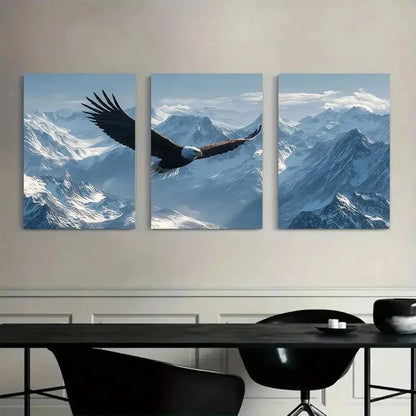 3pcs Eagle Soaring Over Snow-Capped Mountains Metal Print Ready to Hang Art