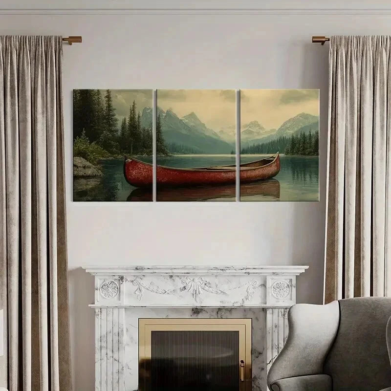 3pcs Red Canoe Majestic Mountains Serene Lake Metal Print Ready to Hang Art