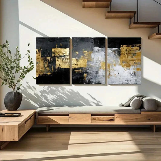 3pcs Golden Black White & Blue Textured Metal Print Ready to Hang Art