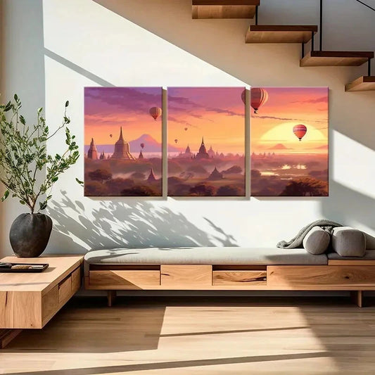 3pcs Sunset Hot Air Balloons Ancient Temples Metal Print Ready to Hang Art