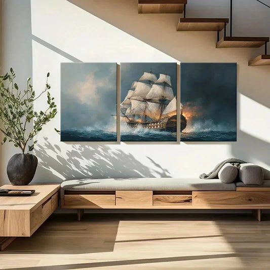 3pcs Adventure Vintage Ship Stormy Sea Metal Print Ready to Hang Art