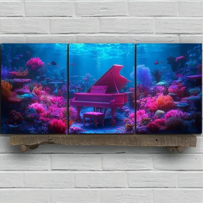 3pcs The Piano Under The Sea Pink Themed Metal Print Ready to Hang Art