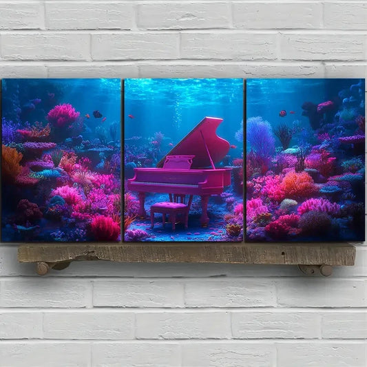 3pcs The Piano Under The Sea Pink Themed Metal Print Ready to Hang Art