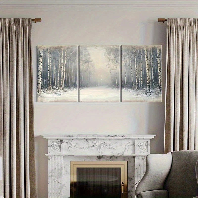 Three-panel painting of a snowy forest above a fireplace in a living room.