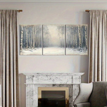 Three-panel painting of a snowy forest above a fireplace in a living room.
