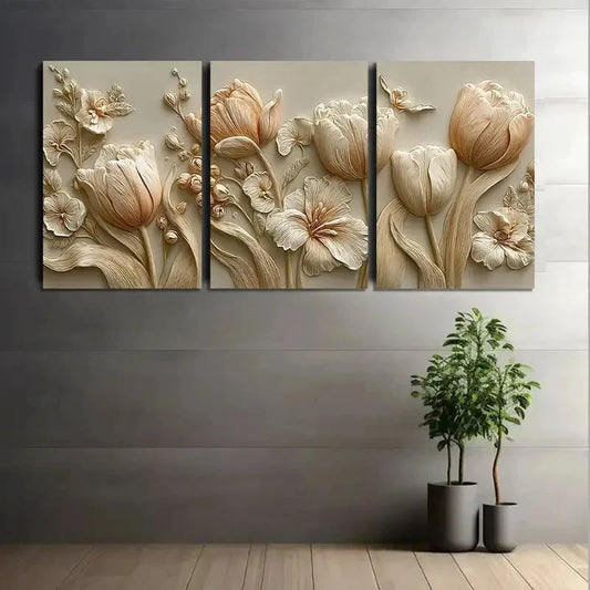 3pcs Embossed Clay Wall Art with Tulips Metal Print Ready to Hang Art