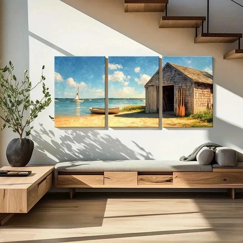 3pcs Nautical Theme Sailboat & Rowboat Scene Metal Print Ready to Hang Art