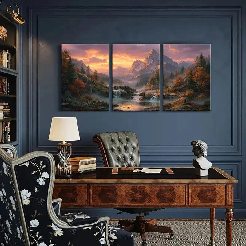 3pcs Mountain Sunset Forest Stream Autumn Colors Metal Print Ready to Hang Art