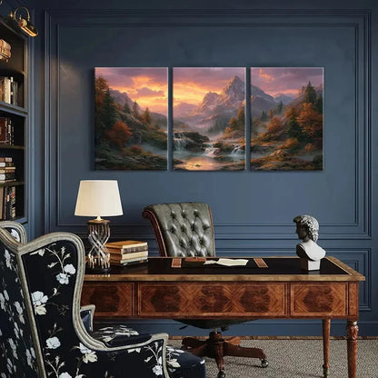 3pcs Mountain Sunset Forest Stream Autumn Colors Metal Print Ready to Hang Art