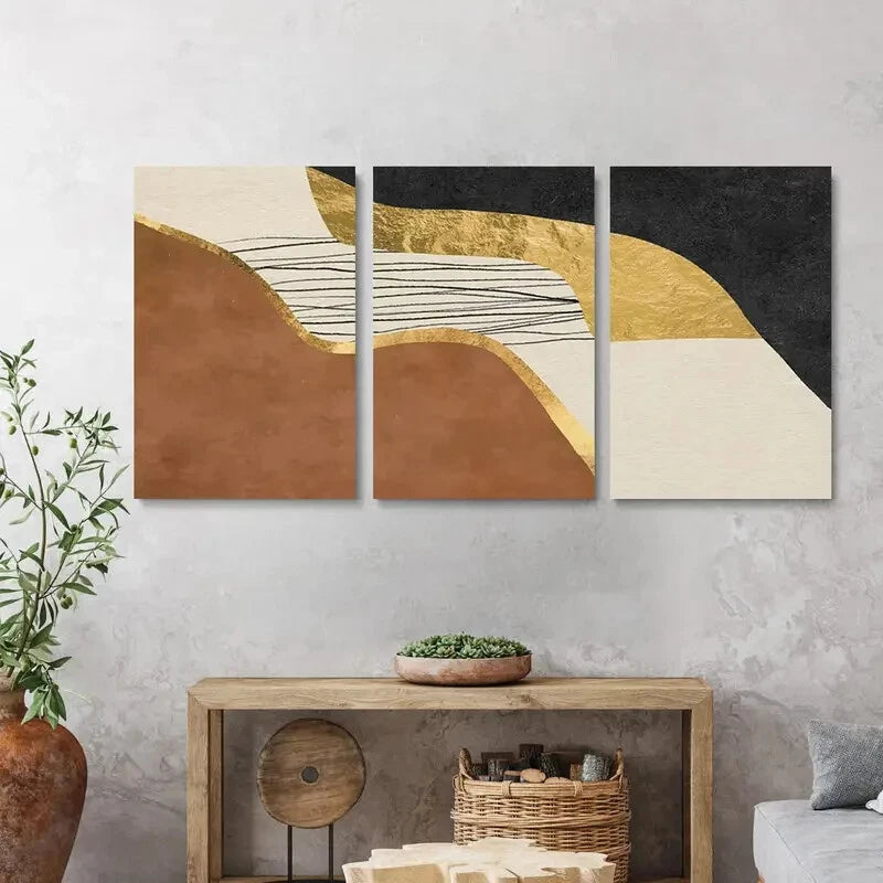 3pcs Abstract Modern Painting Brown & Black Metal Print Ready to Hang Art