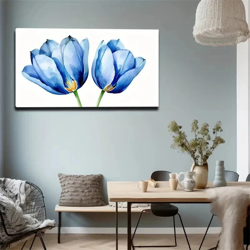 Two Poppies Blue Poppies Wall Art Canvas Office Home Room Framed 120x60cm
