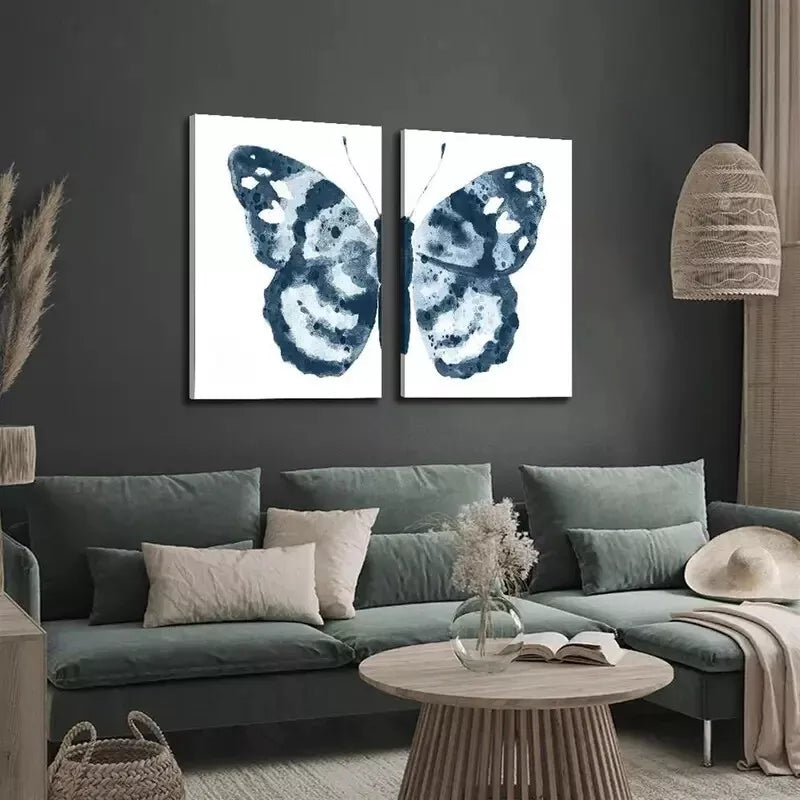 2pcs Painting, Abstract Wings Art Geometric Butterfly Blue Spots Canvas Framed 50x75cm - High Quality Print 100% Australian Made Wall Canvas Ready to Hang - Bella Home Decor