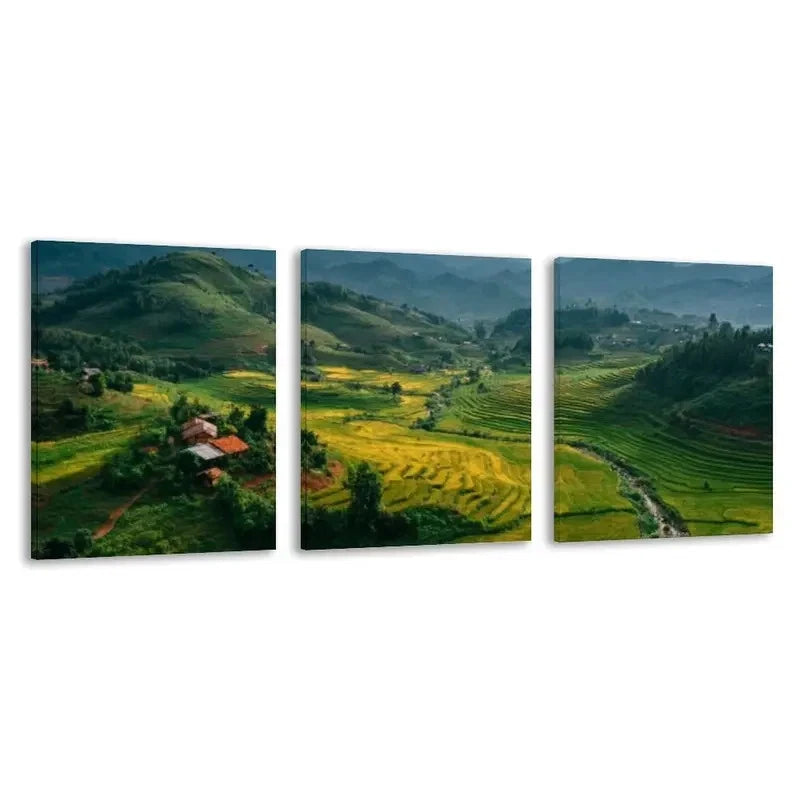 3pcs Vietnamese Moc Chau Mountains Landscape Wall Art Set Canvas Framed 50x70cm - High Quality Print 100% Australian Made Wall Canvas Ready to Hang