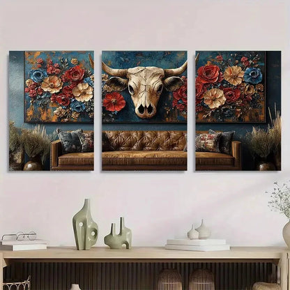 3pcs Rustic Cow Skull & Floral Vintage Blue Metal Print Ready to Hang Art