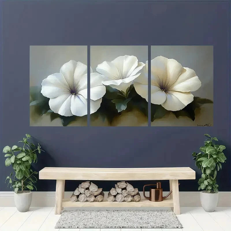 3pcs Serene Floral Elegant White Petunia Metal Print Ready to Hang Art