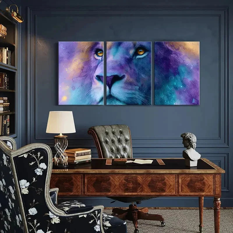 3pcs Artistic Lion Portrait Vibrant Colors Metal Print Ready to Hang Art