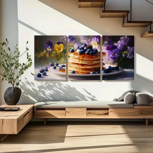3pcs Blueberry Pancakes Floral Background Metal Print Ready to Hang Art