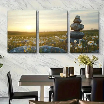 3pcs Stone Cairn Wildflowers and Midnight Sun Metal Print Ready to Hang Art