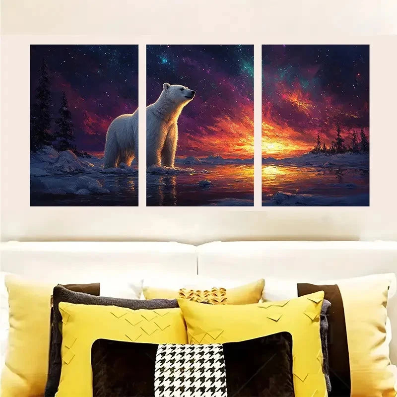 3pcs Arctic Polar Bear Northern Lights & Aurora Wall Art Set Canvas Framed 60x90cm - High Quality Print 100% Australian Made Wall Canvas Ready to Hang