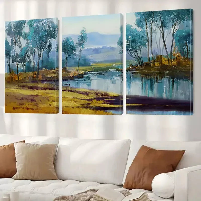 3pcs Classic Retro Minimalist Countryside River Wall Art Set Canvas Framed 50x70cm - High Quality Print 100% Australian Made Wall Canvas Ready to Hang