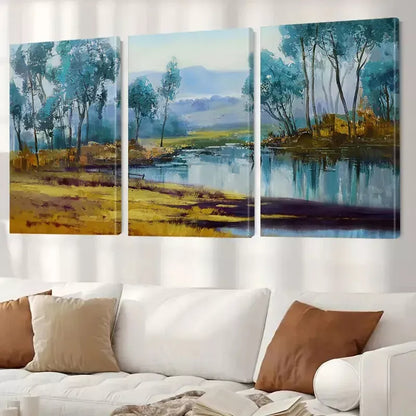 3pcs Classic Retro Minimalist Countryside River Wall Art Set Canvas Framed 50x70cm - High Quality Print 100% Australian Made Wall Canvas Ready to Hang