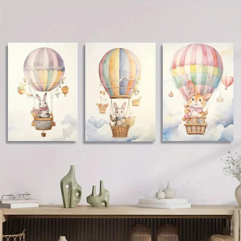 3pcs Cartoon Hot Air Balloon Painting Metal Print Ready to Hang Art