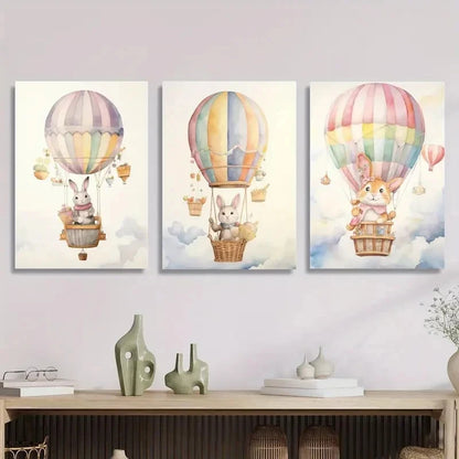 3pcs Cartoon Hot Air Balloon Painting Metal Print Ready to Hang Art