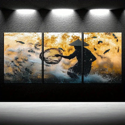 3pcs Fishermen on the sea surface Illustration Metal Print Ready to Hang Art