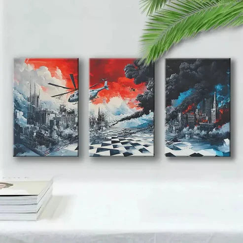 3pcs Urban helicopter Landscape Canvas Framed 60x90cm - High Quality Print 100% Australian Made Wall Canvas Ready to Hang